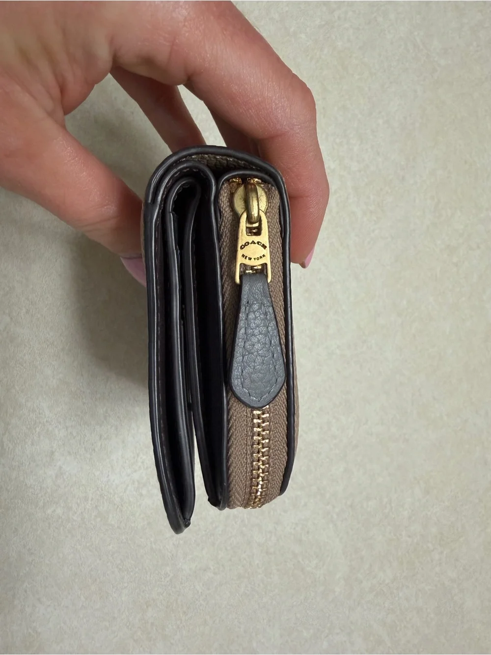 Coach Pebbled Leather Zip Wallet in Taupe Brown with Gold Logo